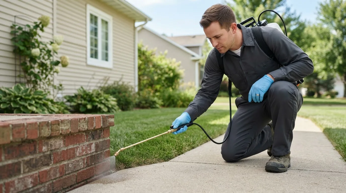 Pest control technician treating a home near Pomona, KS