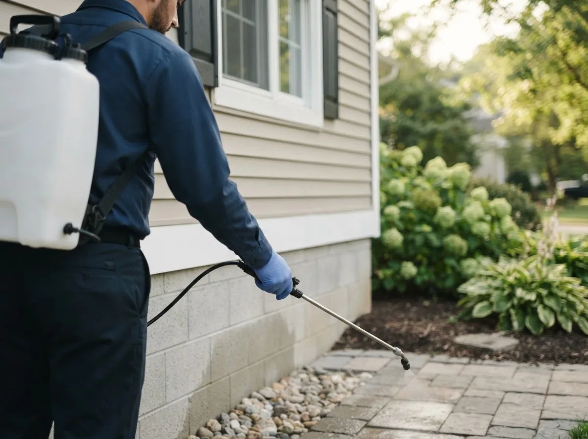 Pest control technician inspecting a home in Pomona, KS